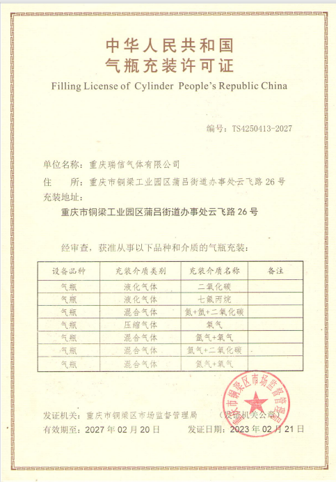 瑞信气体通过气瓶充装许可证换证复审